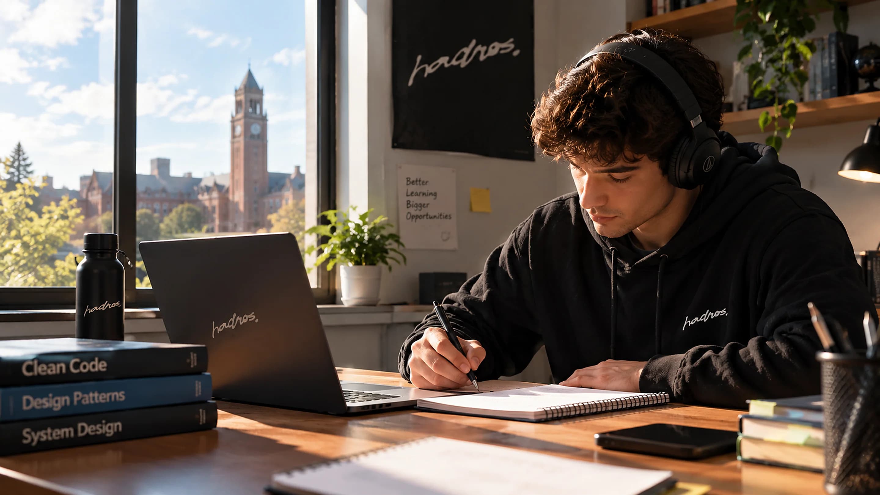 A young man with headphones writing notes at a sunlit desk, laptop open, a university tower through the window.