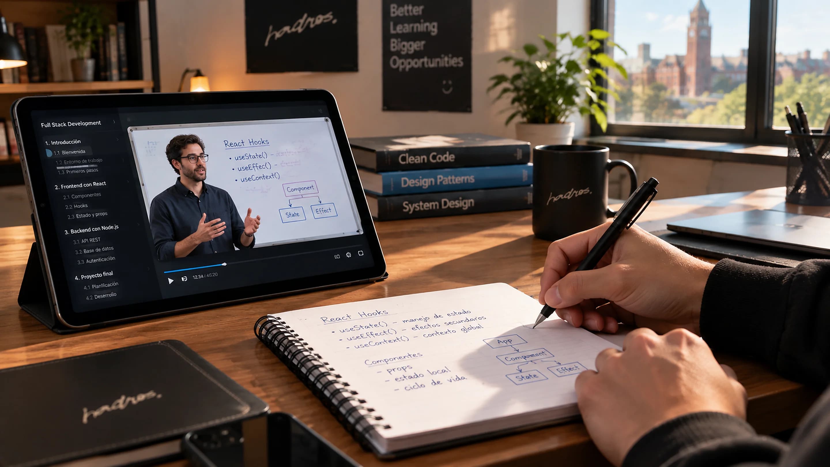 A hand taking notes on React Hooks next to a tablet playing a video lesson.