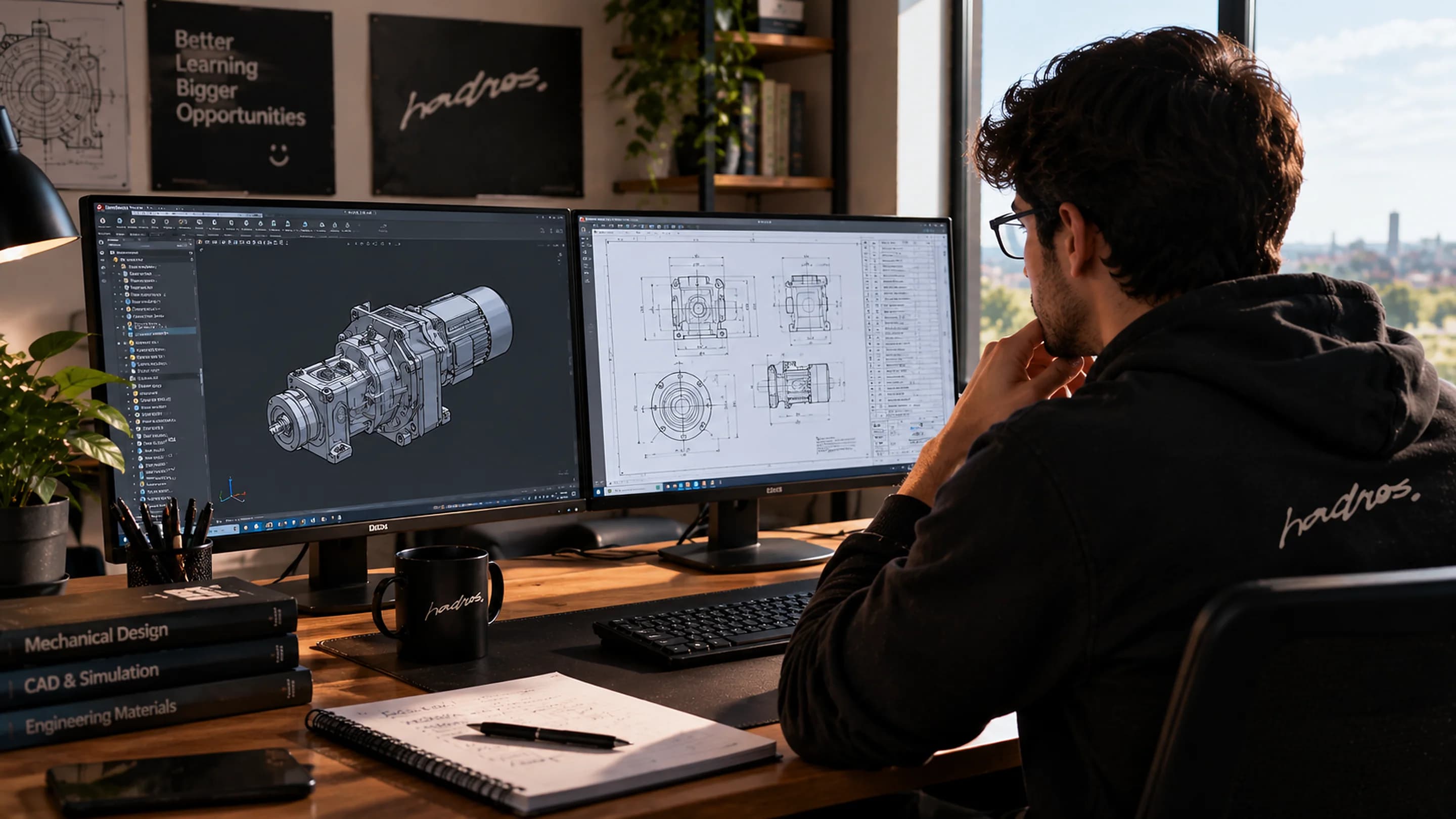 An engineer studying a 3D CAD model and its technical drawing across two monitors.