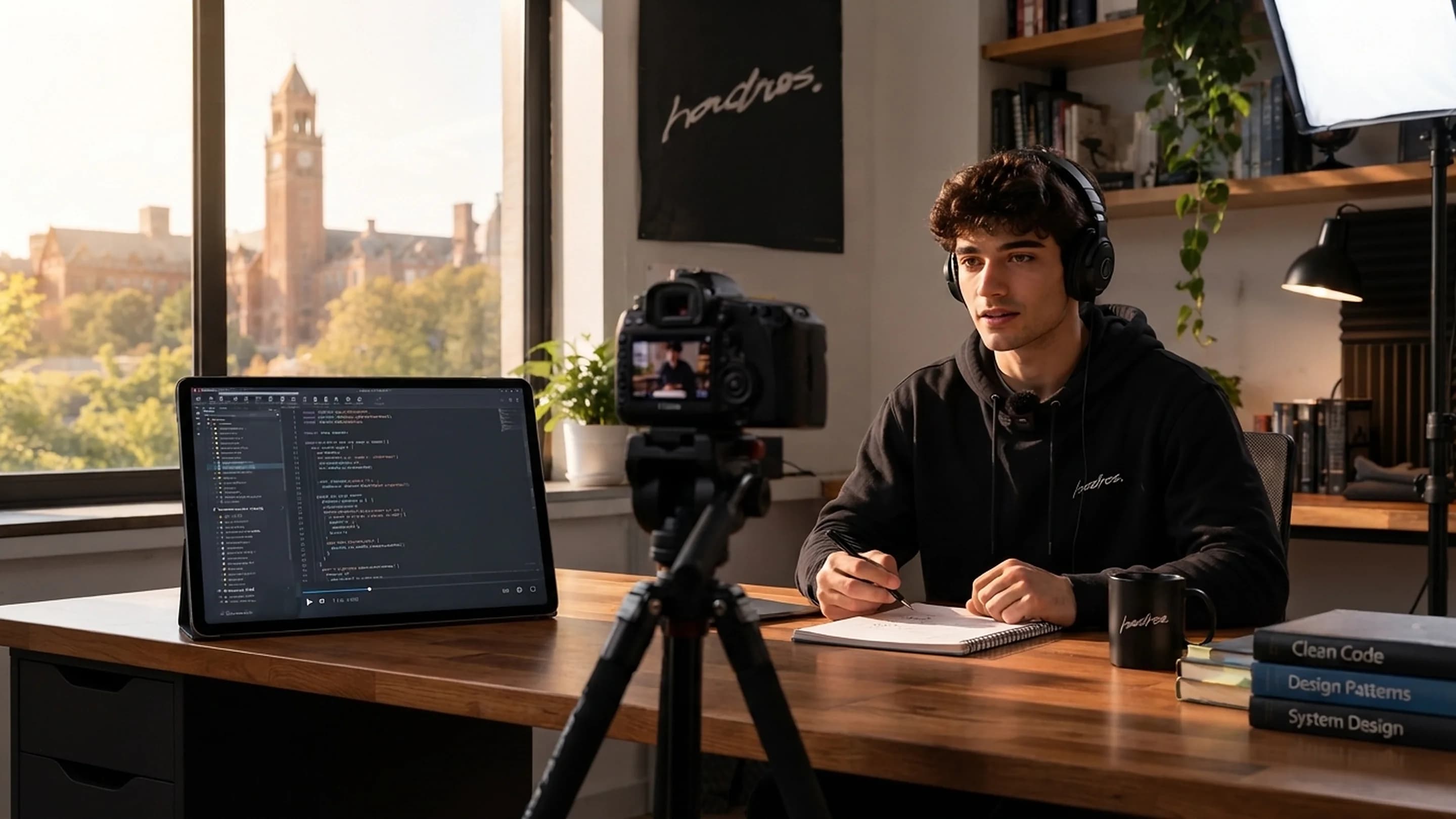 An instructor with headphones recording a lesson in front of a camera on a tripod.